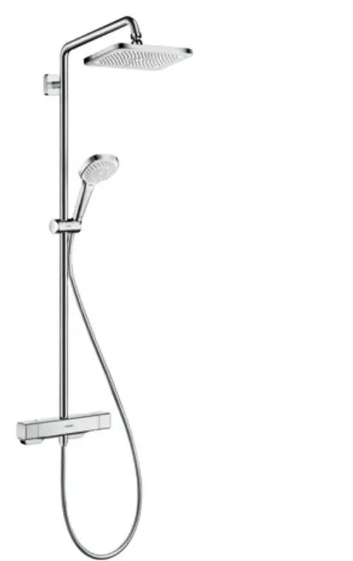 Hansgrohe Duschsystem mit einer großen, eckigen Kopfbrause oben und einer Handbrause unten, verbunden durch eine flexible Schlauchleitung, mit einem Thermostat zur Temperaturregelung.